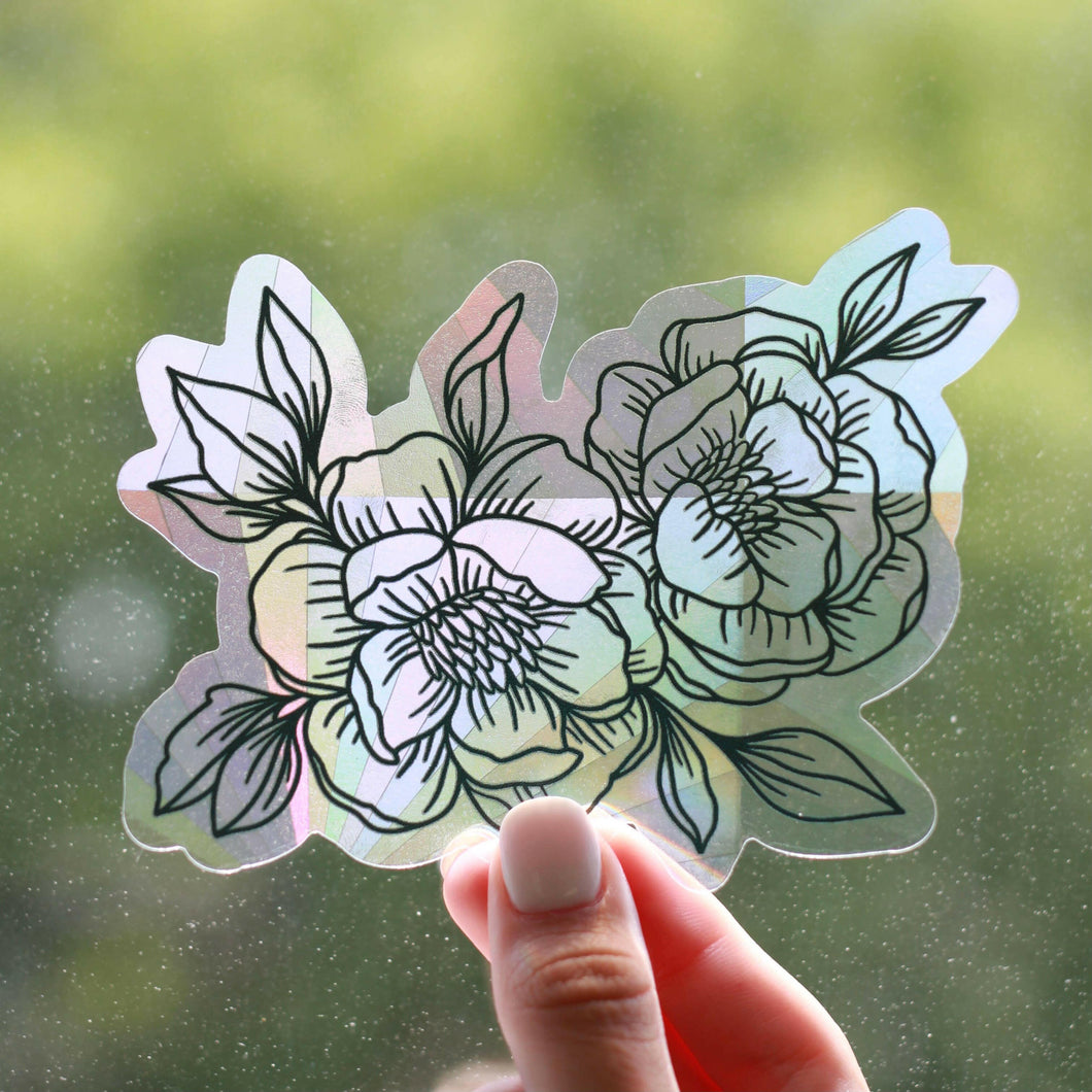 Line Drawn Peonies Sun Catcher Window Decal, 5x3.75 in.