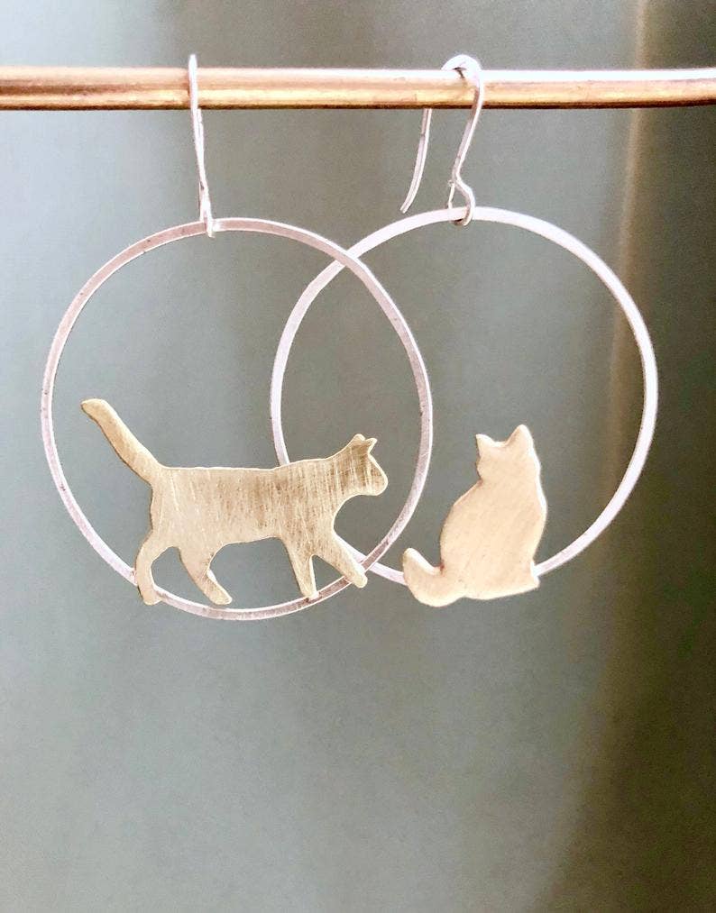 Large Cat Hoop Earrings, Gold Cat Earrings
