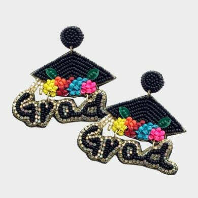 Grad Felt Back Bead Graduation Cap Dangle Earrings.