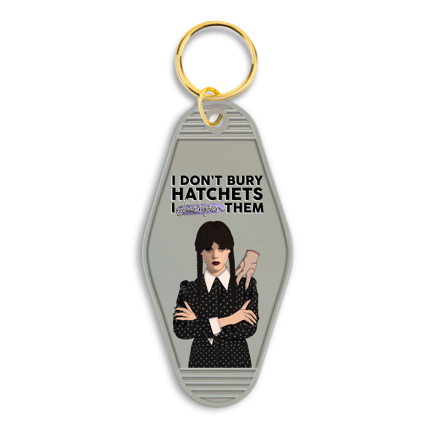 Wednesday Addams Sharpen Hatchets Motel Keychain.