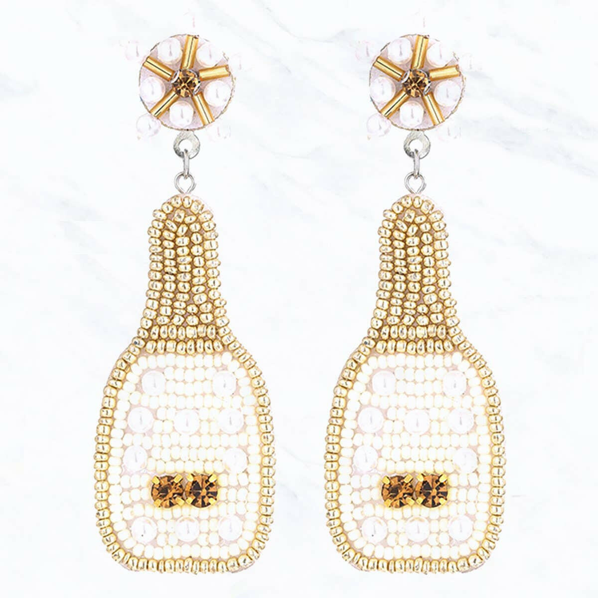 Champaign Bottle Seed Bead Earrings with Pearls.