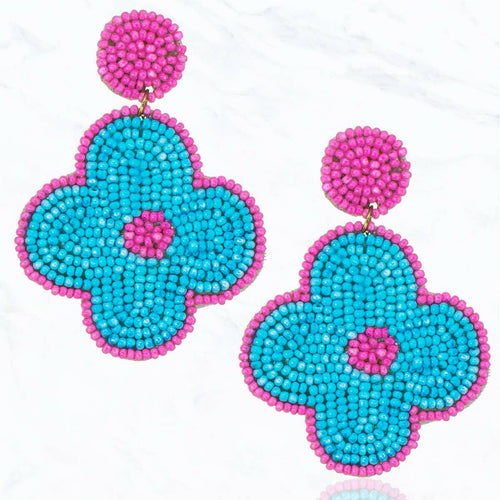 Seed Bead Flower Fabric Post Dangle Earrings.