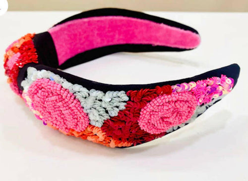 Pink Red Roses Embroidered Seed Beaded Top Knot Headband.