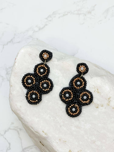 Black & Gold Beaded Statement Dangle Earrings.