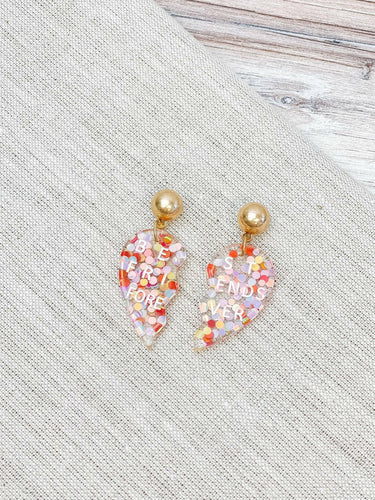 Best Friends Forever Confetti Heart Dangle Earrings.