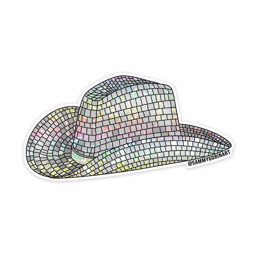 Disco Ball Cowboy Hat Glitter Sticker.