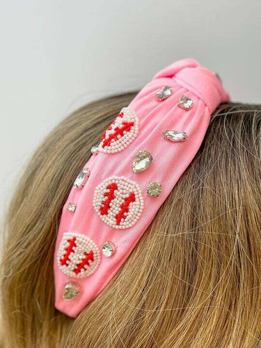 Beaded Baseball Embellished Headband Pink.