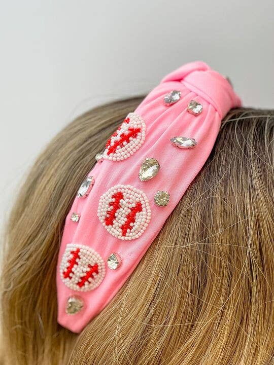 Beaded Baseball Embellished Headband Pink