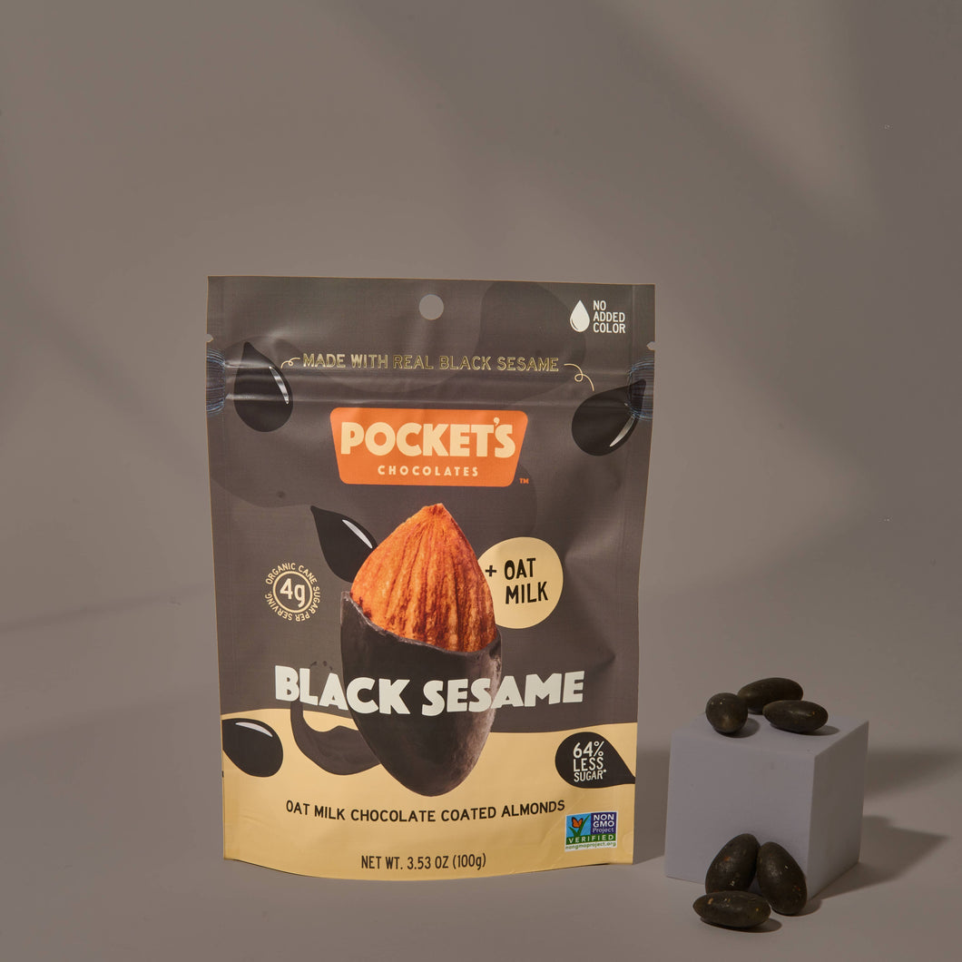 Black Sesame Chocolate Almonds, 3.53 oz Standing Pouch