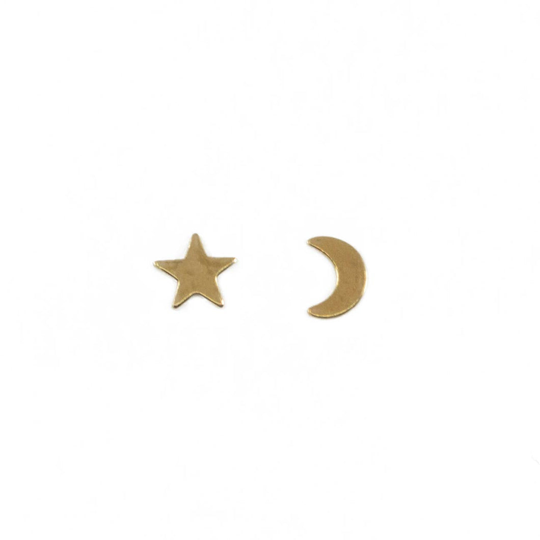 Star and Moon Stud Earrings in Brass