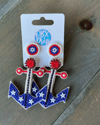 Handmade Patriotic Red White and Blue Anchor Earrings.