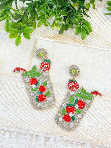 Strawberry Summer Cocktail Beaded Dangle Earrings.