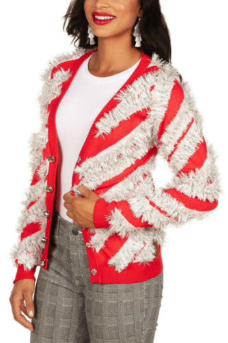 Women’s Candy Cane Tinsel Cardigan - Christmas Sweater.