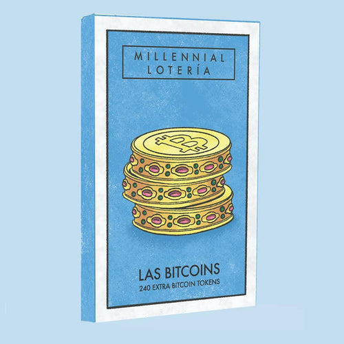 Millennial Loteria Board Game: Las Bitcoins (bingo markers).