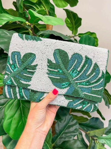 Tropical Palm Leaf Sequin Clutch.