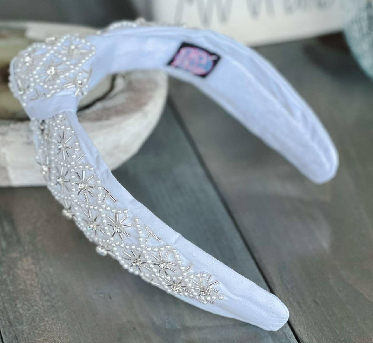 Pearl and Rhinestone Seed Beaded Top Knot Headband.