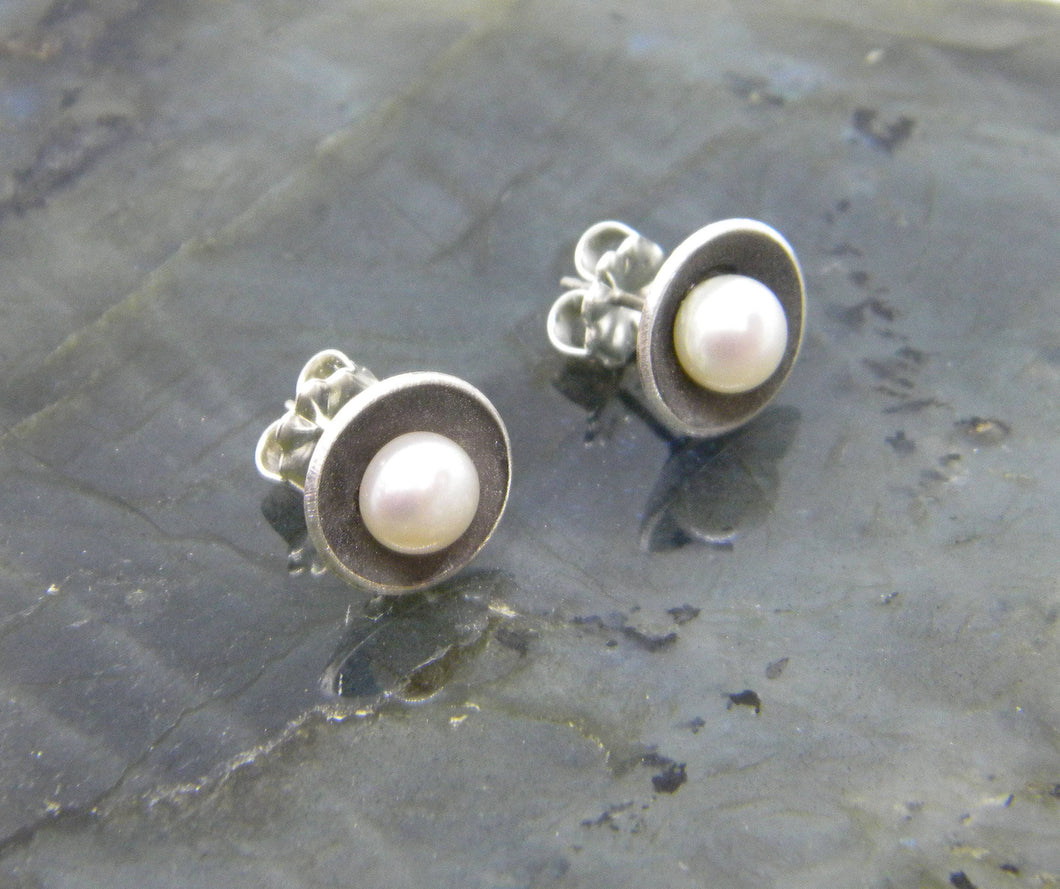Oxidized Discs with Pearls Post Earrings