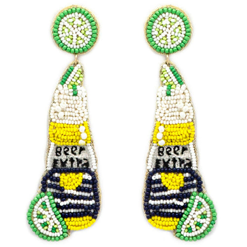 Seed Bead Beer Bottle with Lime Fabric Post Drop Earrings.
