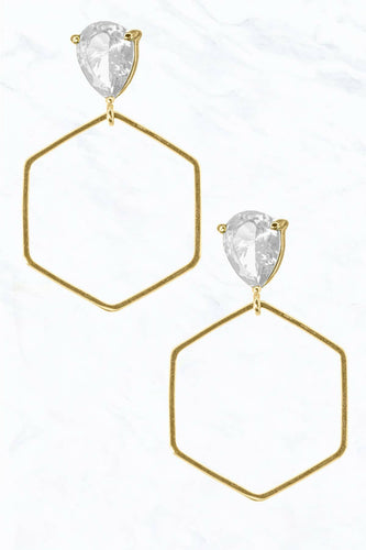 Glass Stone, Brass White/Gold Dipped Post Dangle Earrings.