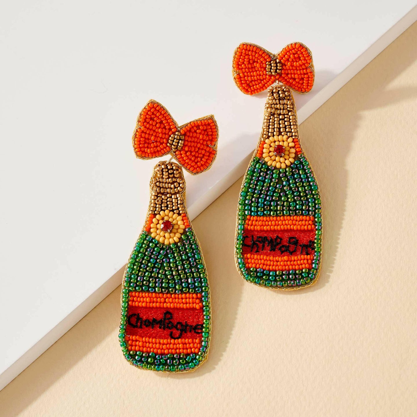 Champagne Bottle Seed Beaded Earrings.