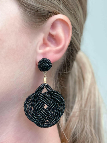 Braided Teardrop Beaded Dangle Earrings - Black.