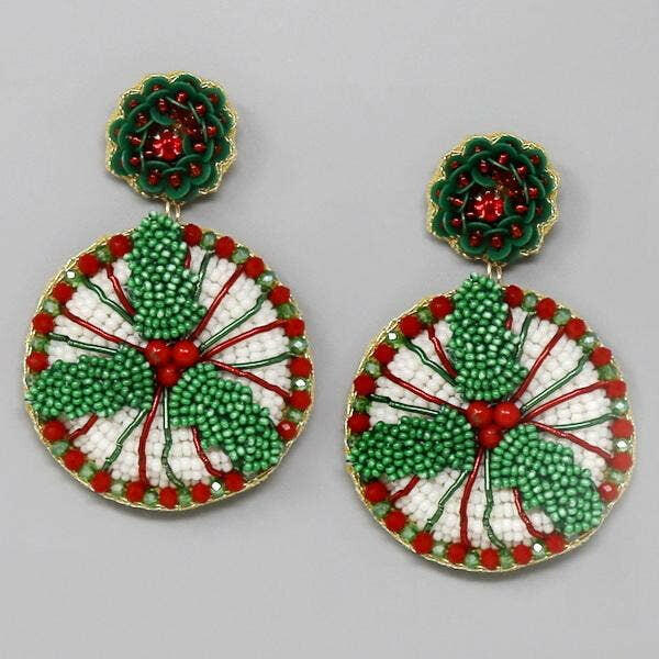 Christmas Mistletoe Seed Beaded Disc Earrings.