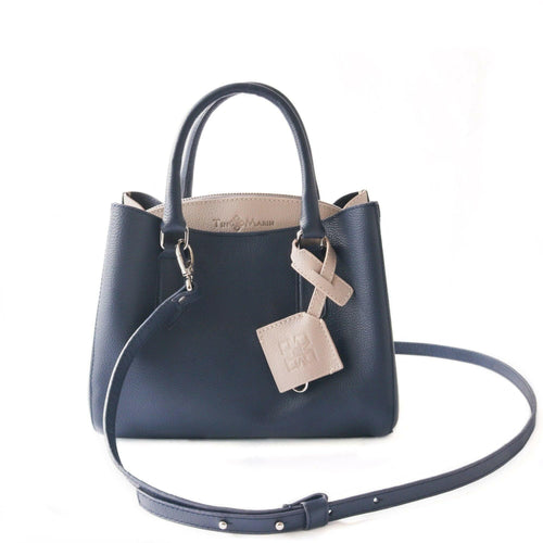 Emma Leather Satchel - Navy Blue/Taupe.