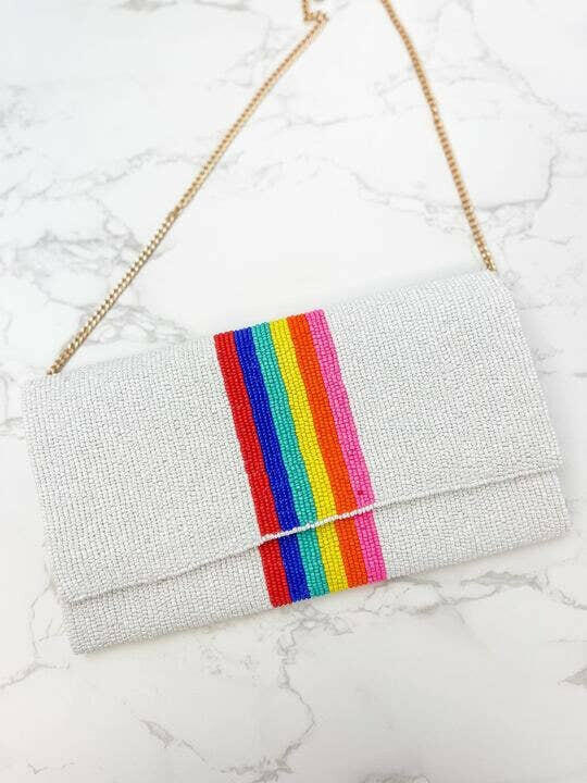 Rainbow Stripe Crossbody Chain Clutch - White.