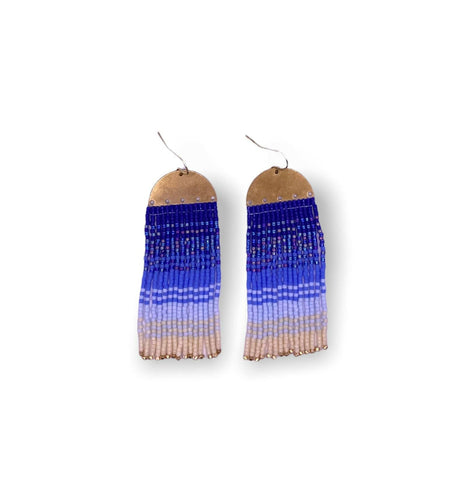 Beaded Handwoven Ombre Fringe Earrings (Blue).
