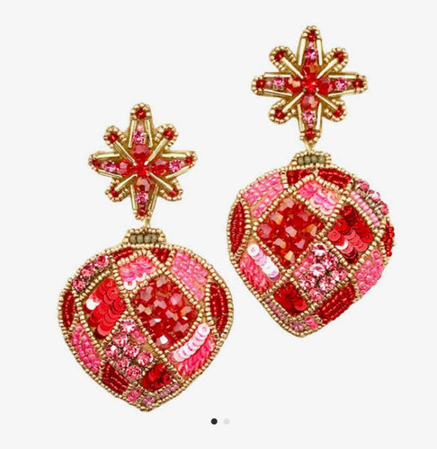 Glam Ornament Pink and Red Christmas Beaded Sequin Earrings.