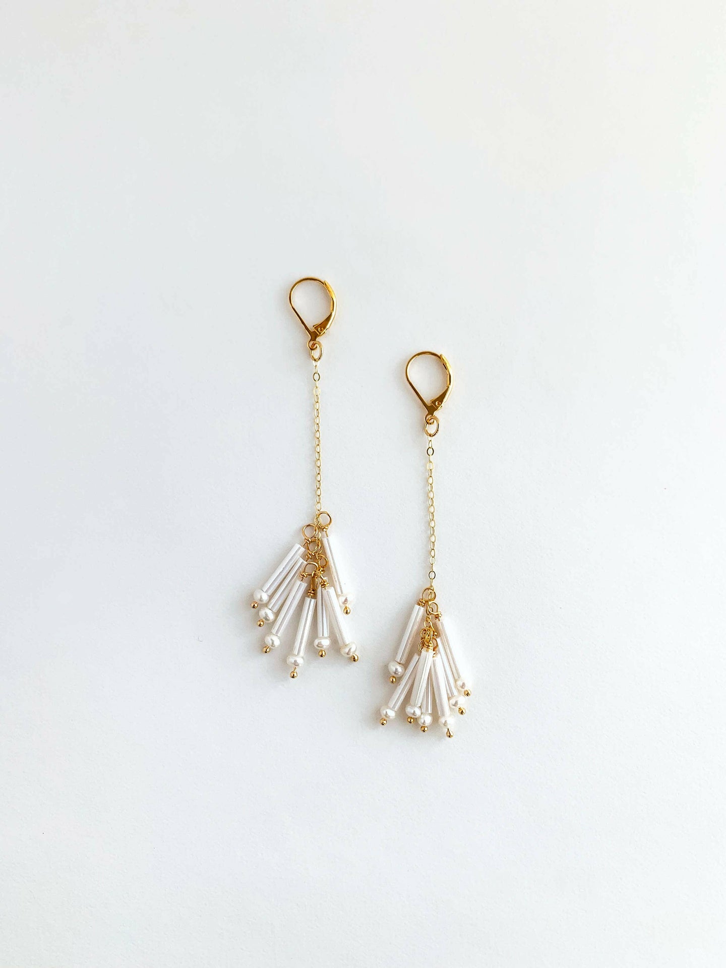 Long White Fringe Bead Earrings.