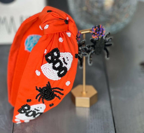 Boo Spider and Ghost Top Knot Seed Beaded Halloween Headband.