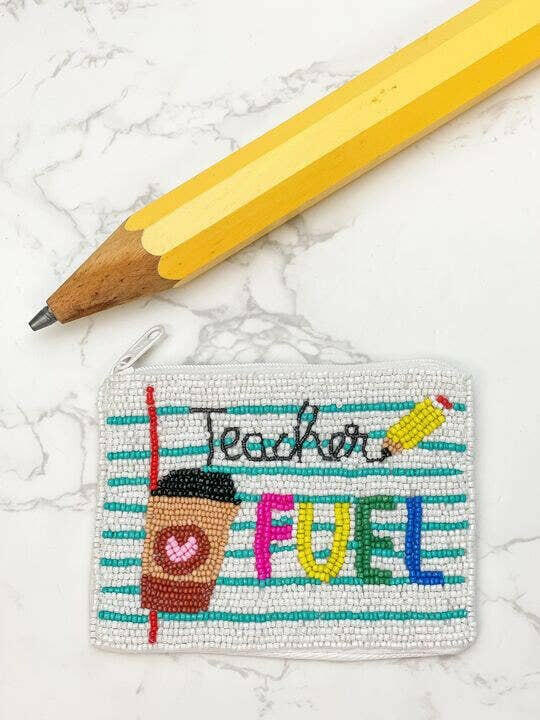 'Teacher Fuel' Coffee Beaded Zip Pouch.