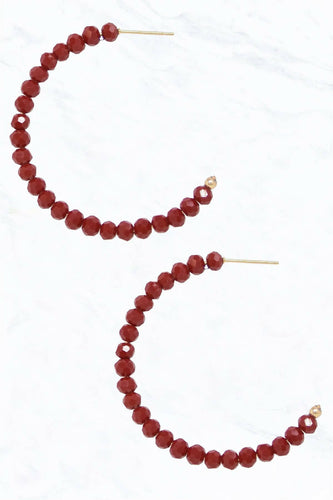 Tiny Glass Bead Open End Hoop Earrings in Red.