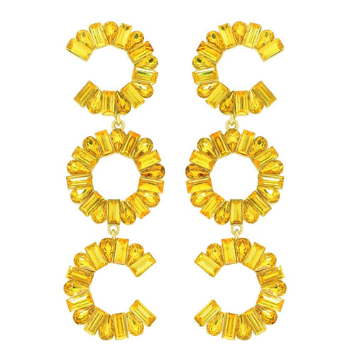 3-Tier Crystal Gemstone Circular C-Shaped Earrings: Yellow.