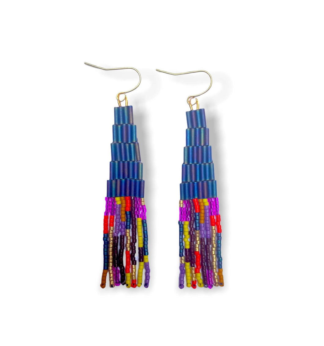 Beaded Handwoven Abstract Linear and Tube Earrings (Teal)