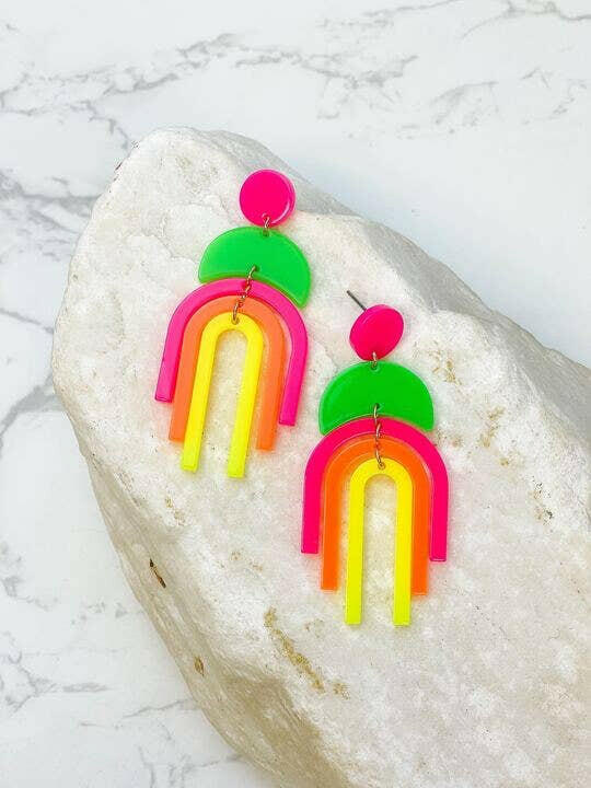 Neon Geometric Arch Acrylic Dangle Earrings.