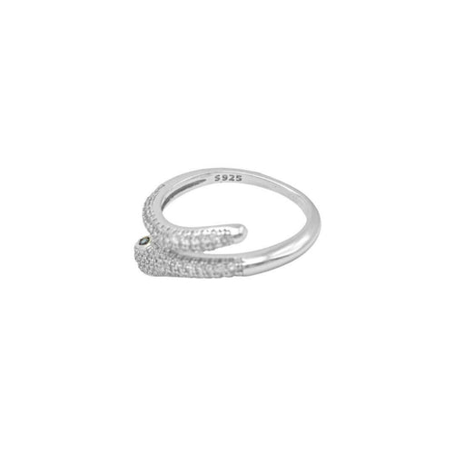 Green Eyes CZ Pave Diamond Snake Ring in Silver.