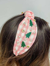 Load image into Gallery viewer, Glitter Christmas Tree Embellished Top Knot Headbands: Pink &amp; White.
