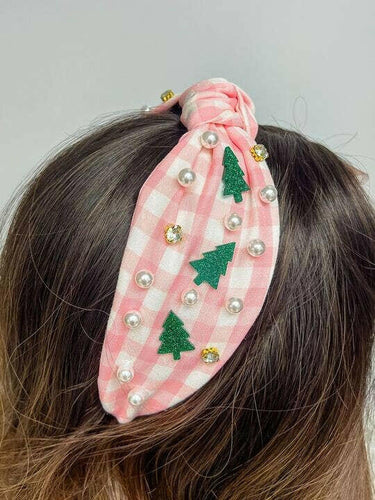 Glitter Christmas Tree Embellished Top Knot Headbands: Pink & White.