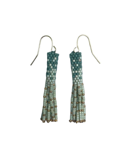 Beaded Handwoven Tubular Ombre Fringe Earrings (Green).