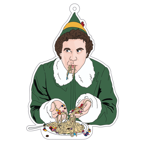 Spaghetti Breakfast, Buddy the Elf, White Acrylic Ornament.