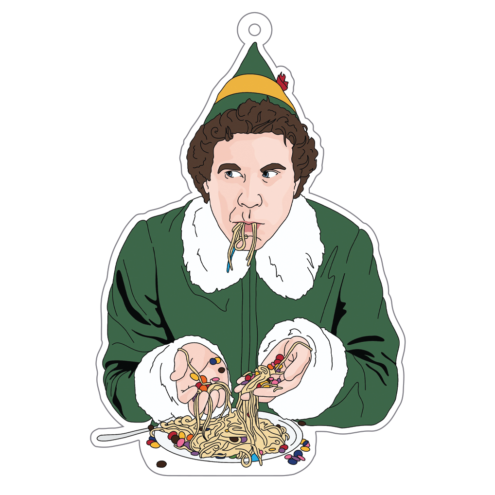 Spaghetti Breakfast, Buddy the Elf, White Acrylic Ornament.