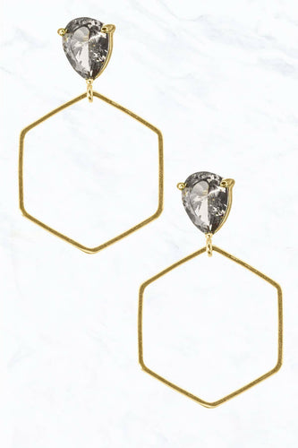 Glass Stone, Brass White/Gold Dipped Post Dangle Earrings.