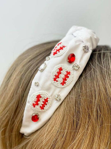 Beaded Baseball Embellished Headband White.