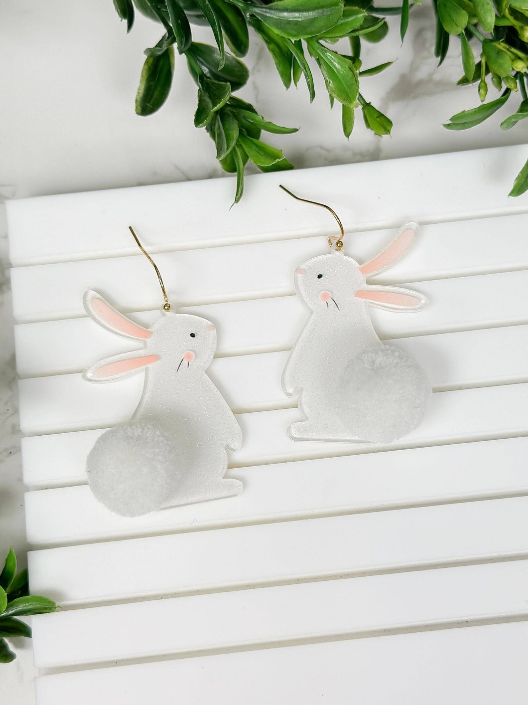 White Bunny Pom-Tail Dangle Earrings