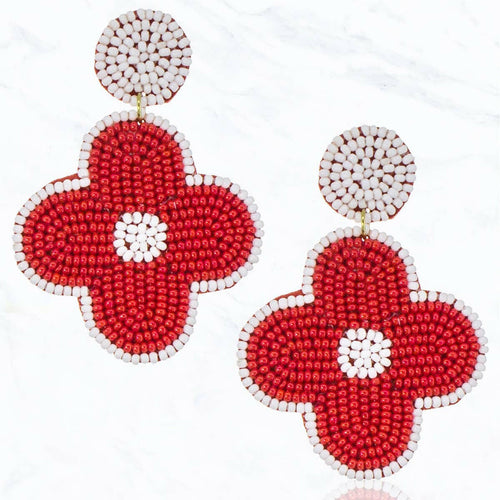Seed Bead Flower Fabric Post Dangle Earrings.