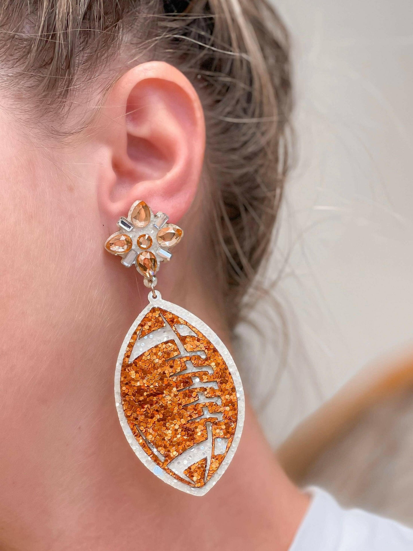 Glitter Football Dangle Earrings - Orange & White.