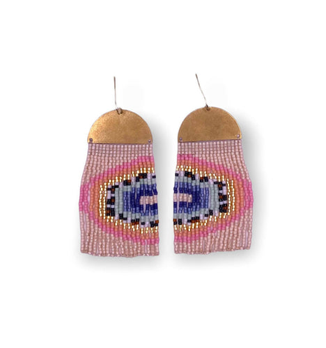 Beaded Handwoven Rainbow Fringe Earrings (Pink).