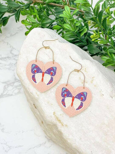 Butterfly Printed Heart Dangle Earrings.